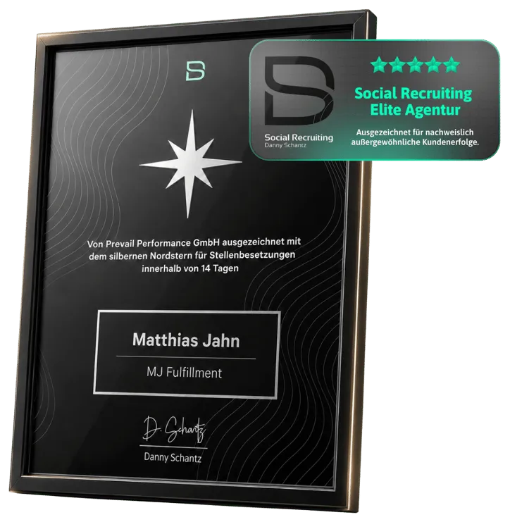 Urkunde „Silberner Nordstern“ für Matthias Jahn, MJ Fulfillment, mit dem Siegel „Social Recruiting Elite Agentur“