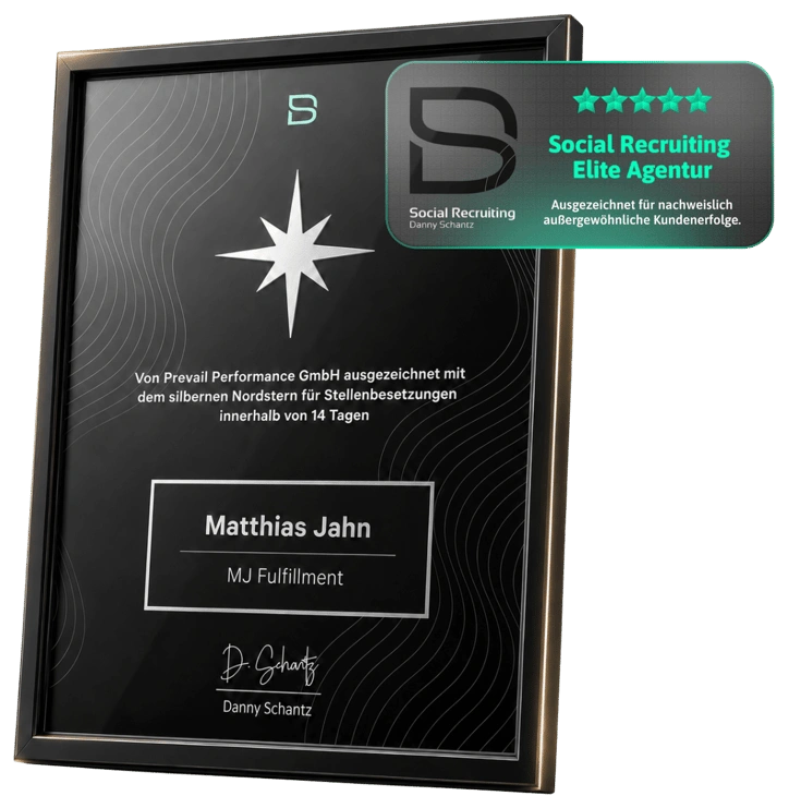 Urkunde „Silberner Nordstern“ für Matthias Jahn, MJ Fulfillment, mit dem Siegel „Social Recruiting Elite Agentur“