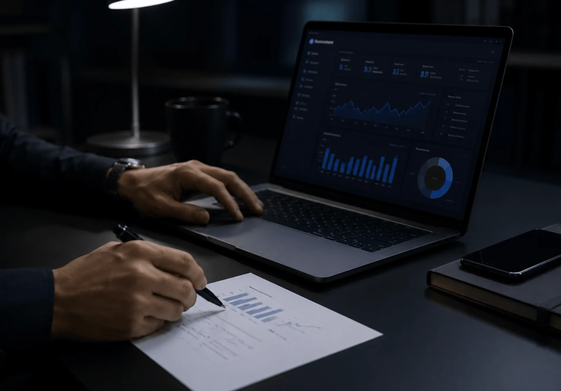 Hände an einem Laptop mit Dashboard und ein Blatt mit Diagrammen auf einem dunklen Schreibtisch