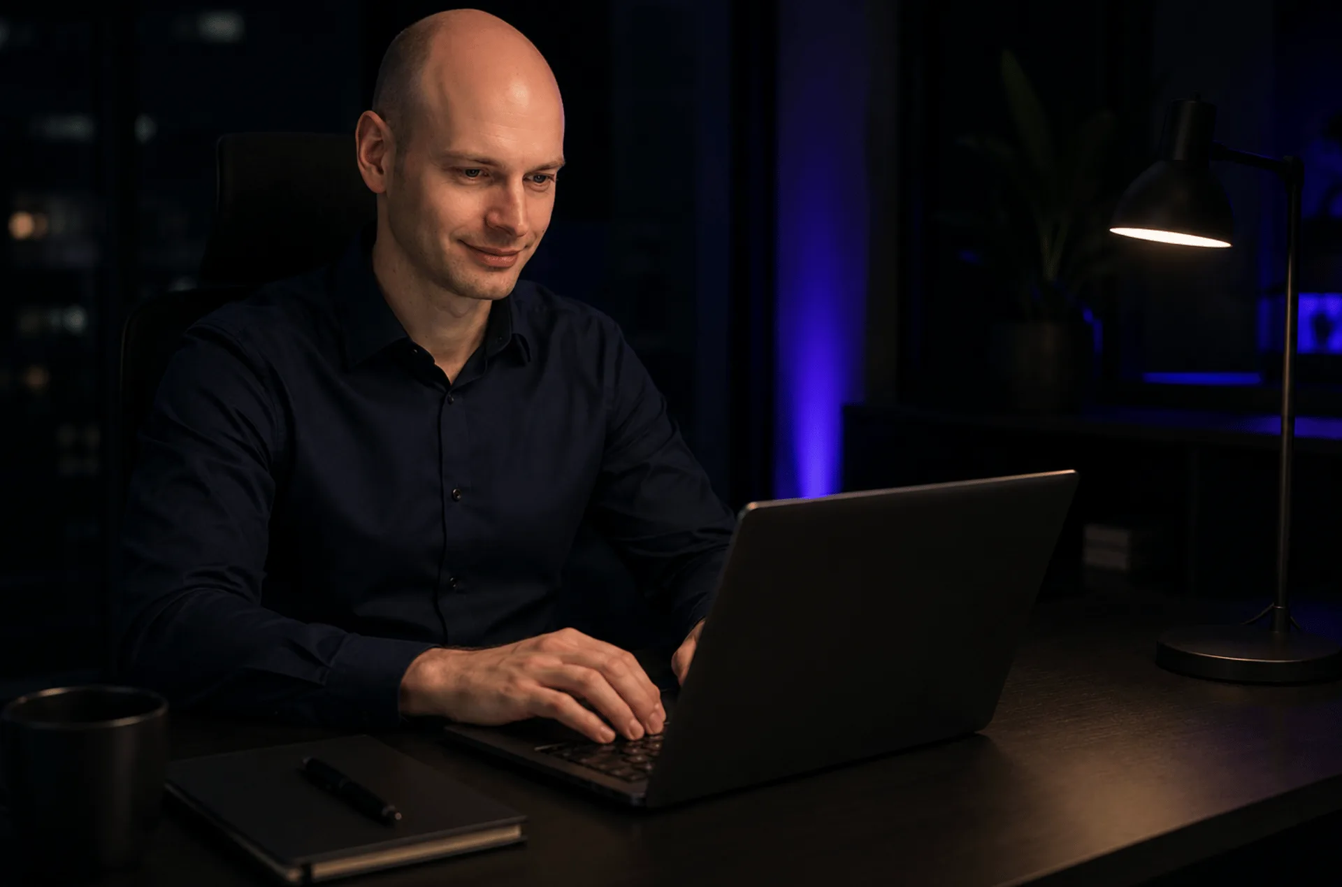 Matthias Jahn arbeitet am Laptop in einem abgedunkelten Büro